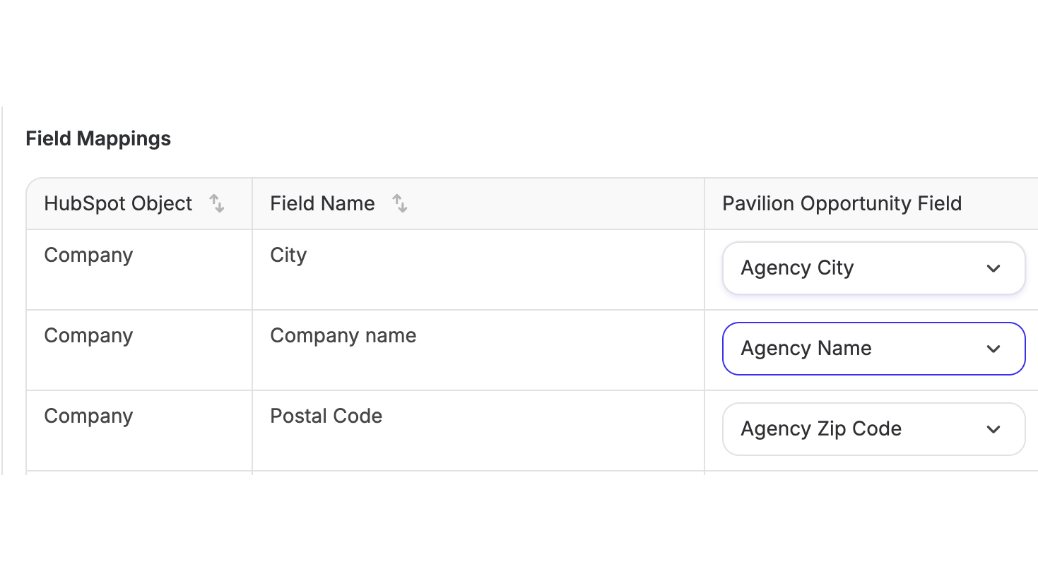 field mapping dropdown